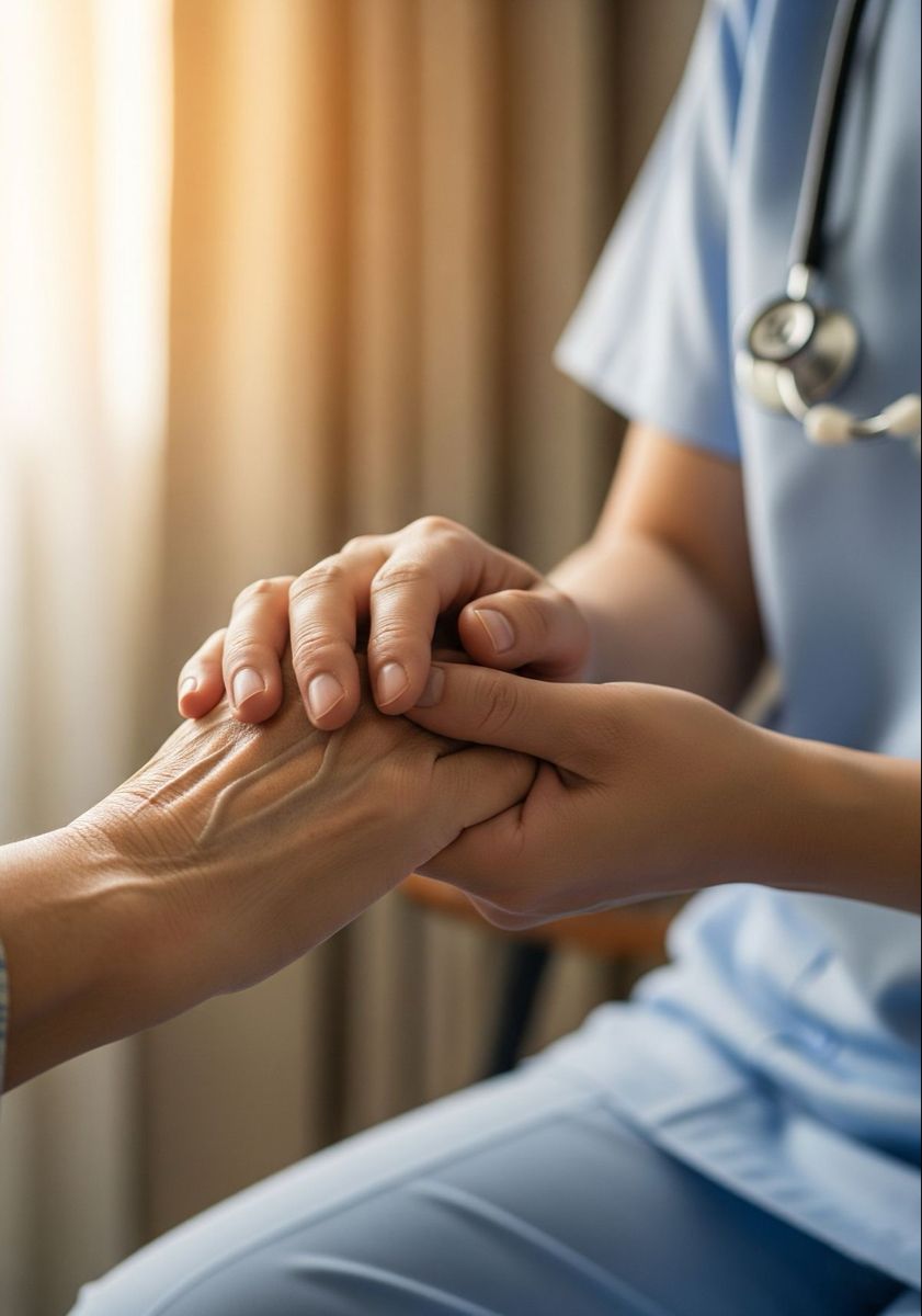 Clinician holding a patient's hand during consultation