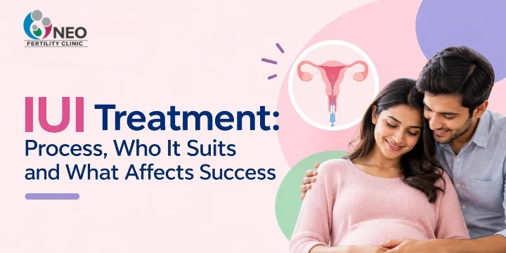 IUI treatment guide: an expecting couple beside an illustration of the uterus and IUI catheter, Neo Fertility Clinic